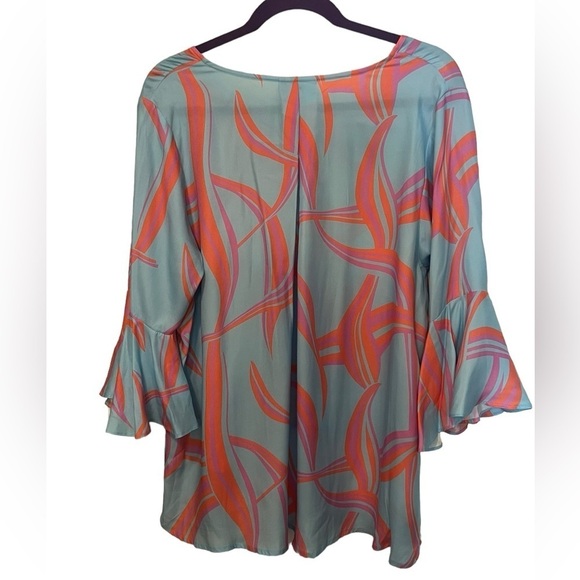 La Roque Park 100% silk blue, coral, and pink top with statement sleeves - Picture 2 of 12